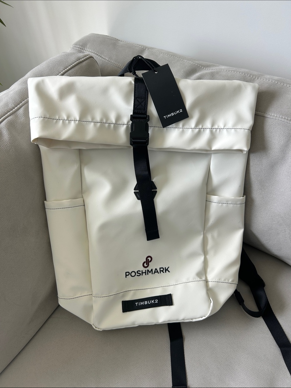 Timbuk2 White Roll-Top Backpack with Black Strap